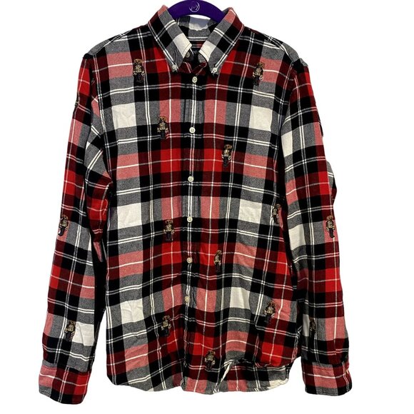 Polo Ralph Lauren Flannel Plaid All Over Embroidered Holiday Bear Women's Size L - Picture 1 of 8